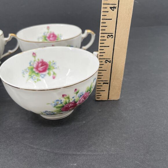 Porcelain Snack Shell Shaped Plates Cups 4 Sets Pink Roses Gold Trim Japan Vtg B - Picture 12 of 13